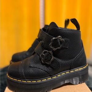 Black Platform Leather Boots with Floral Buckles
